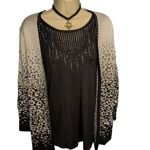 Alfred Dunner Layered Cardigan Sweater Blk Slv Studs Cheetah Print OverSize -Sm